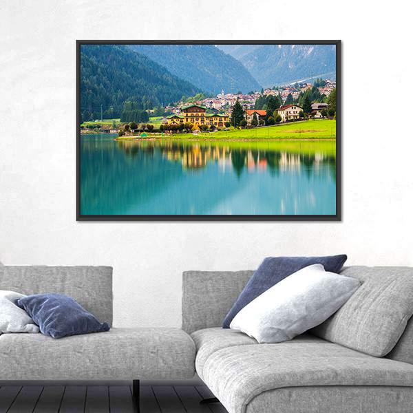 Mountain Village With Lake Auronzo Canvas Wall Art-3 Horizontal-Gallery Wrap-25" x 16"-Tiaracle