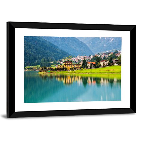 Mountain Village With Lake Auronzo Canvas Wall Art-3 Horizontal-Gallery Wrap-25" x 16"-Tiaracle