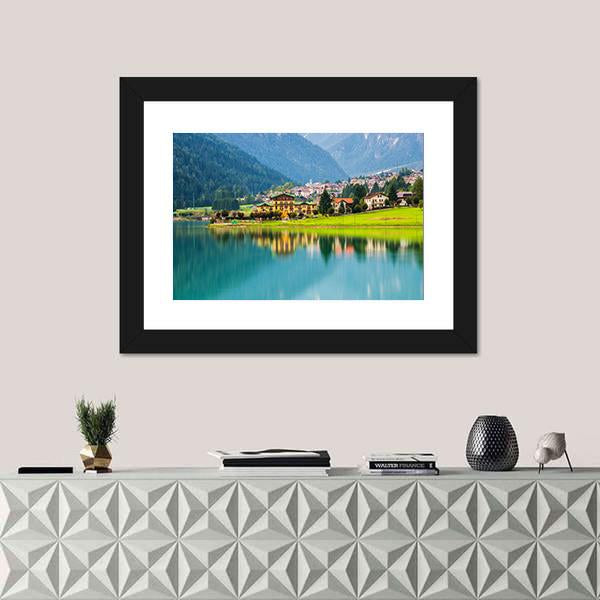 Mountain Village With Lake Auronzo Canvas Wall Art-3 Horizontal-Gallery Wrap-25" x 16"-Tiaracle
