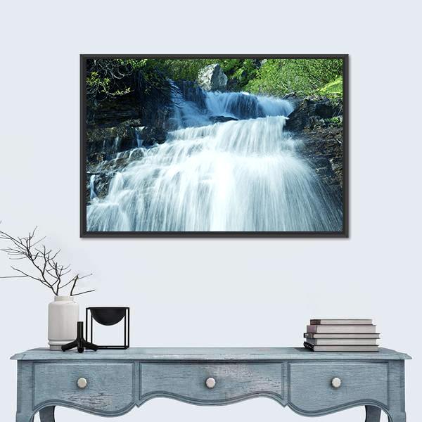 Mountain Waterfall Glacier Canvas Wall Art-1 Piece-Floating Frame-24" x 16"-Tiaracle