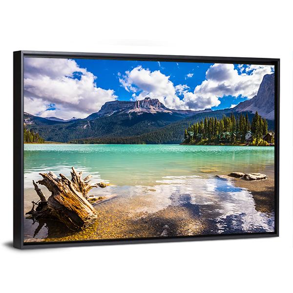 Mountain With Emerald Lake Canvas Wall Art-1 Piece-Floating Frame-36" x 24"-Tiaracle