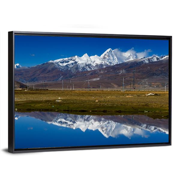 Mountain With Lake Tibet Canvas Wall Art-1 Piece-Floating Frame-24" x 16"-Tiaracle
