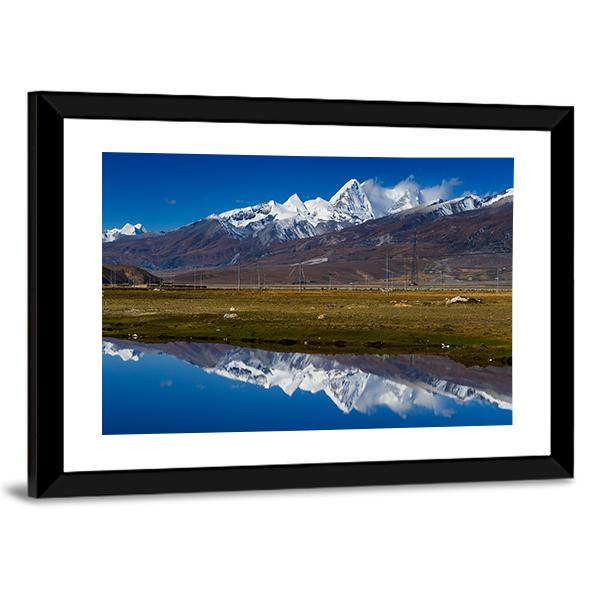 Mountain With Lake Tibet Canvas Wall Art-1 Piece-Framed Print-20" x 16"-Tiaracle