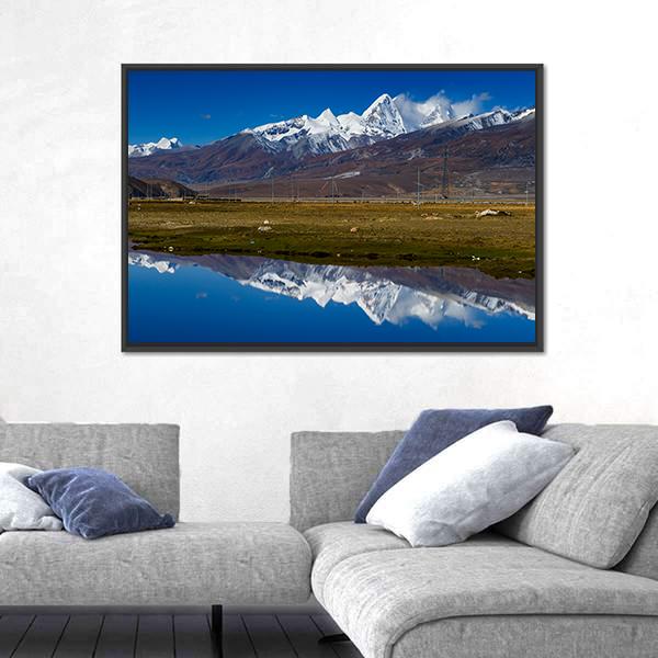 Mountain With Lake Tibet Canvas Wall Art-3 Horizontal-Gallery Wrap-25" x 16"-Tiaracle