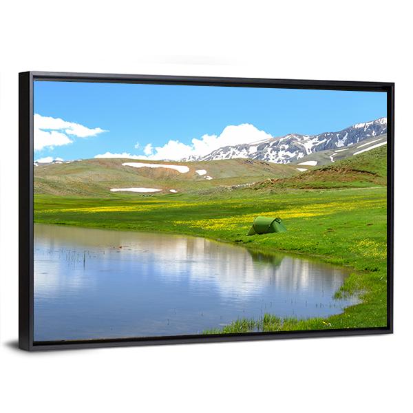 Mountain With Pond Canvas Wall Art-1 Piece-Floating Frame-24" x 16"-Tiaracle