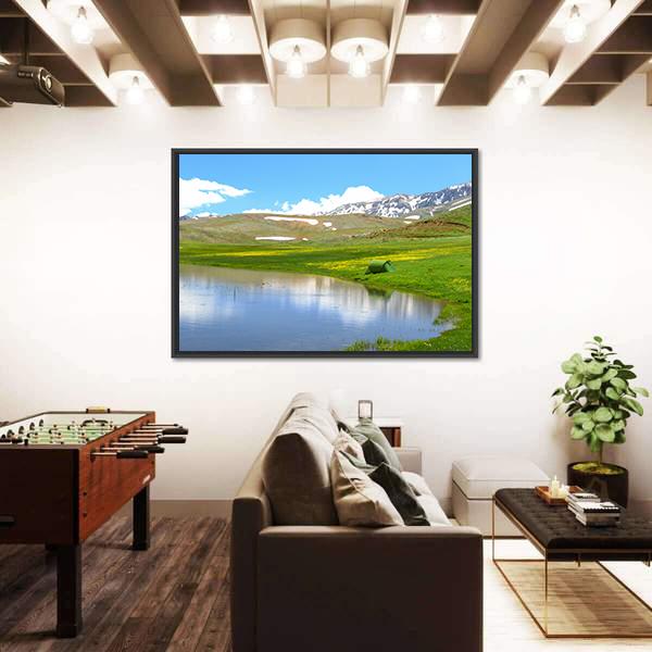 Mountain With Pond Canvas Wall Art-1 Piece-Floating Frame-24" x 16"-Tiaracle