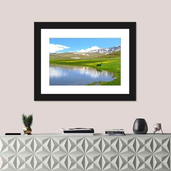 Mountain With Pond Canvas Wall Art-1 Piece-Framed Print-20" x 16"-Tiaracle