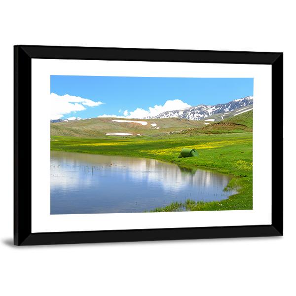 Mountain With Pond Canvas Wall Art-1 Piece-Framed Print-20" x 16"-Tiaracle
