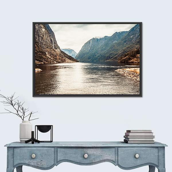 Mountains &amp; Fjord Sognefjord Canvas Wall Art-1 Piece-Floating Frame-24" x 16"-Tiaracle