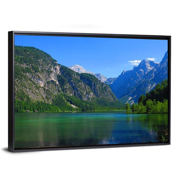 Mountains &amp; Green Lake Canvas Wall Art-1 Piece-Floating Frame-24" x 16"-Tiaracle