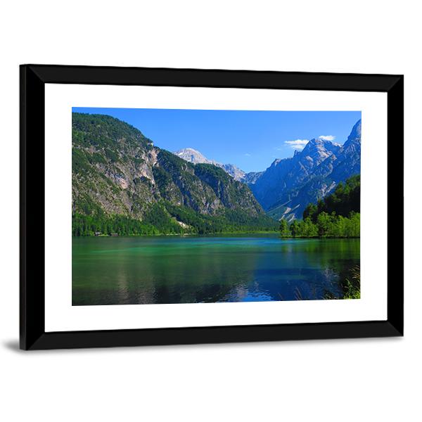 Mountains &amp; Green Lake Canvas Wall Art-1 Piece-Framed Print-20" x 16"-Tiaracle