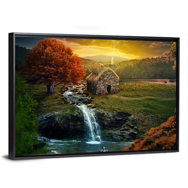 Mountains Near A Stream Canvas Wall Art-1 Piece-Floating Frame-24" x 16"-Tiaracle