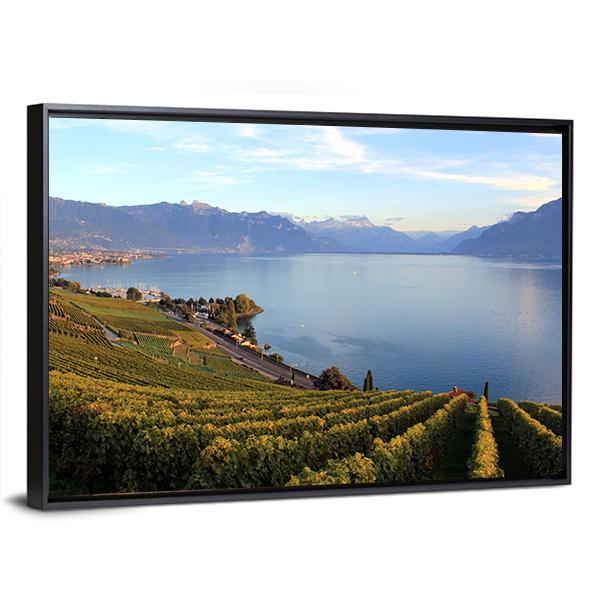 Mountains On Lake Geneva Canvas Wall Art-1 Piece-Floating Frame-24" x 16"-Tiaracle