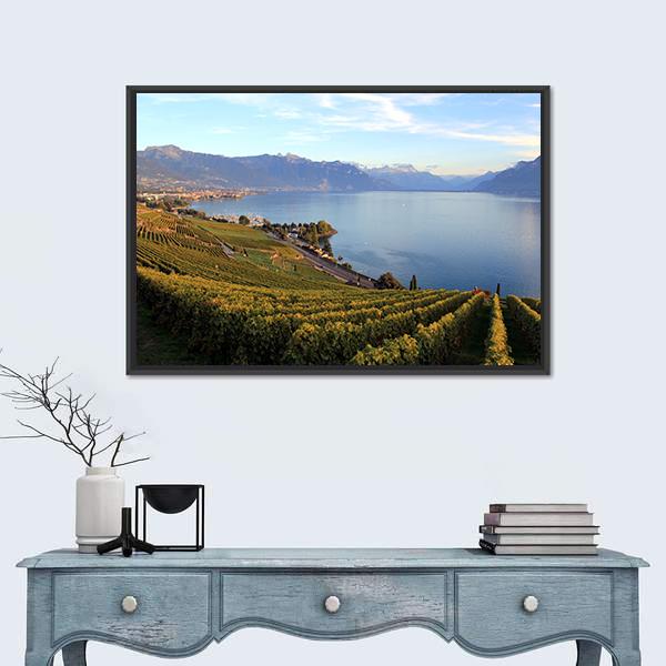 Mountains On Lake Geneva Canvas Wall Art-3 Horizontal-Gallery Wrap-25" x 16"-Tiaracle