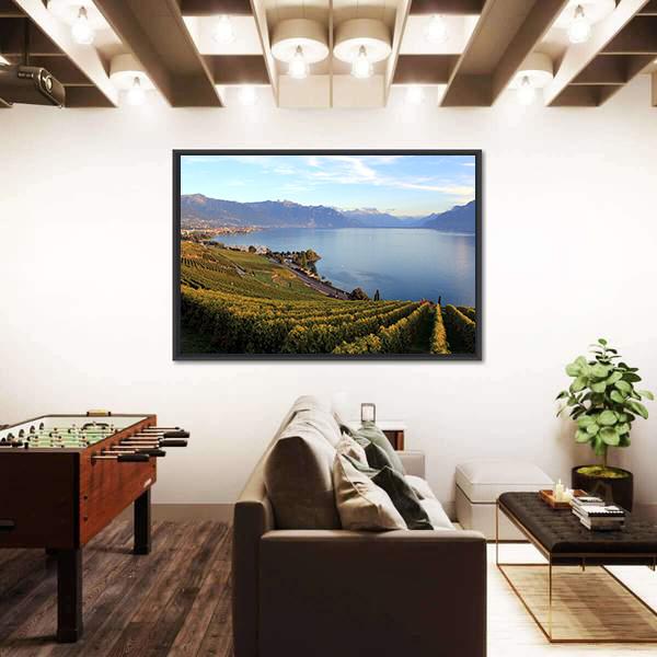 Mountains On Lake Geneva Canvas Wall Art-3 Horizontal-Gallery Wrap-25" x 16"-Tiaracle