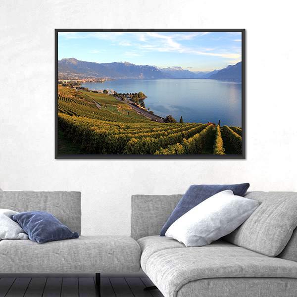 Mountains On Lake Geneva Canvas Wall Art-3 Horizontal-Gallery Wrap-25" x 16"-Tiaracle