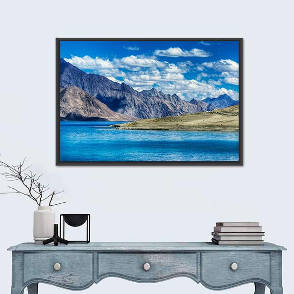 Mountains & Pangong Lake Canvas Wall Art-1 Piece-Floating Frame-24" x 16"-Tiaracle