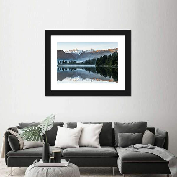Mountains Reflection In Lake Canvas Wall Art-1 Piece-Framed Print-20" x 16"-Tiaracle