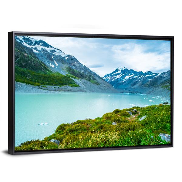Mt Cook &amp; Lake Canvas Wall Art-1 Piece-Floating Frame-24" x 16"-Tiaracle