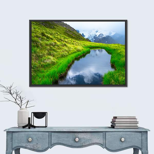 Mt Cook Reflection On Pond Canvas Wall Art-1 Piece-Floating Frame-24" x 16"-Tiaracle
