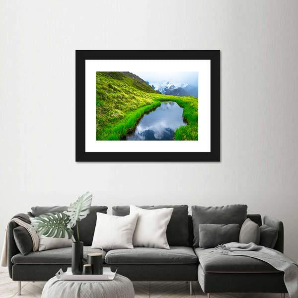 Mt Cook Reflection On Pond Canvas Wall Art-1 Piece-Framed Print-20" x 16"-Tiaracle