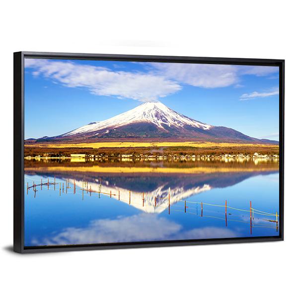 Mt Fuji With Lake Yamanaka Canvas Wall Art-1 Piece-Floating Frame-24" x 16"-Tiaracle