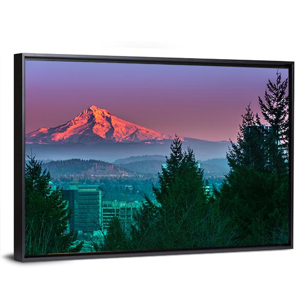 Mt Hood at Sunset Canvas Wall Art in blue, purple and pink, framed canvas, product view on a white background