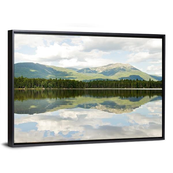 Mt Katahdin Reflected in Lake Canvas Wall Art in white, green and blue, framed canvas, product view on a white background