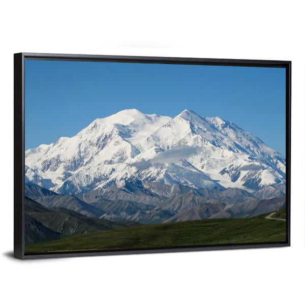 Majestic Mt Mckinley Under Clear Blue Sky Canvas Wall Art in white, gray and blue, framed canvas, product view on a white background