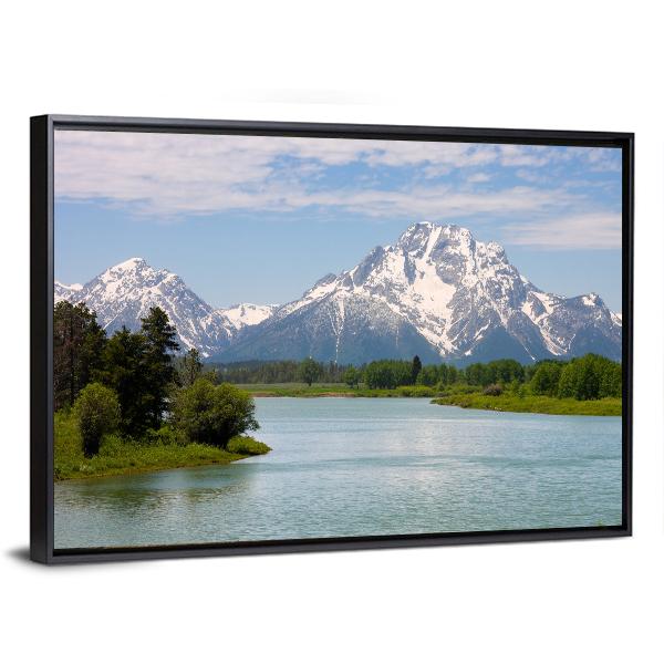 Mt Moran from Lake Canvas Wall Art in white, green and blue, framed canvas, product view on a white background