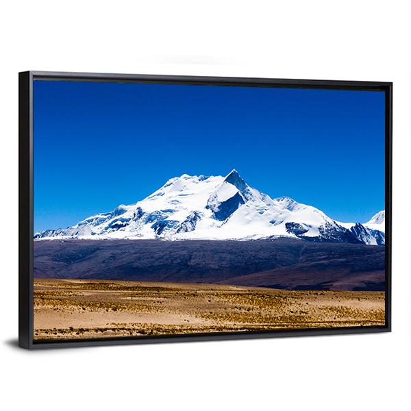 Mt Shishapangma Snow-capped Peaks Canvas Wall Art in white, brown and blue, framed canvas, product view on a white background