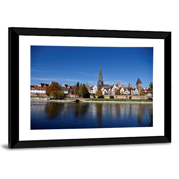 Muenster Tower &amp; River Danube Canvas Wall Art-1 Piece-Framed Print-20" x 16"-Tiaracle