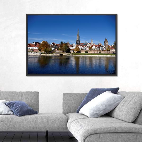 Muenster Tower &amp; River Danube Canvas Wall Art-3 Horizontal-Gallery Wrap-25" x 16"-Tiaracle
