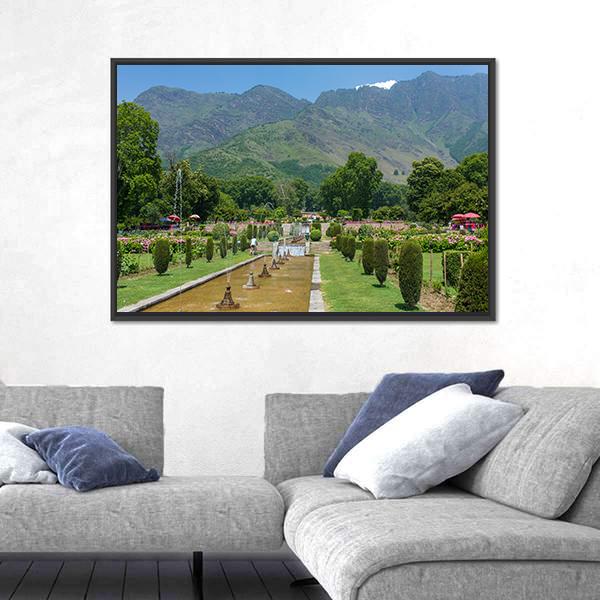 Mughal Garden In Srinagar Canvas Wall Art-1 Piece-Floating Frame-24" x 16"-Tiaracle