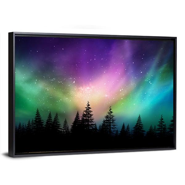 Aurora Borealis Over Pine Forest Canvas Wall Art in black, green and purple, framed canvas, product view on a white background