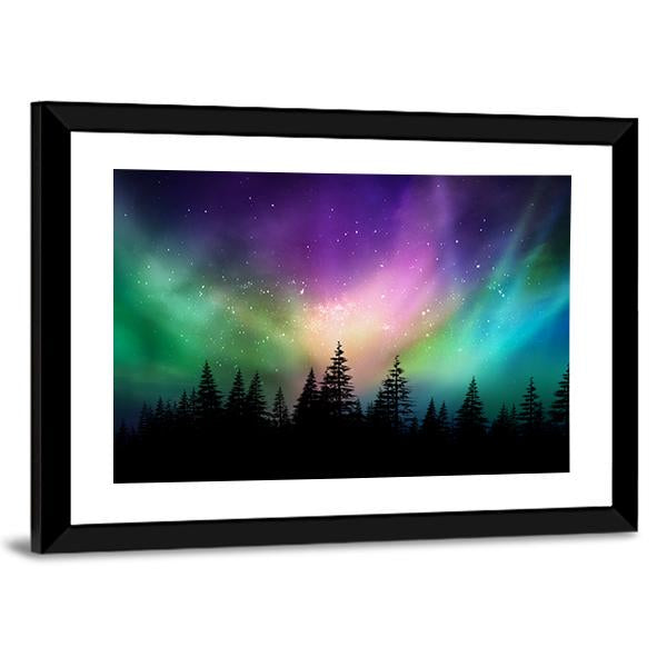 Aurora Borealis Over Pine Forest Canvas Wall Art in black, green and purple, framed print, product view on a white background