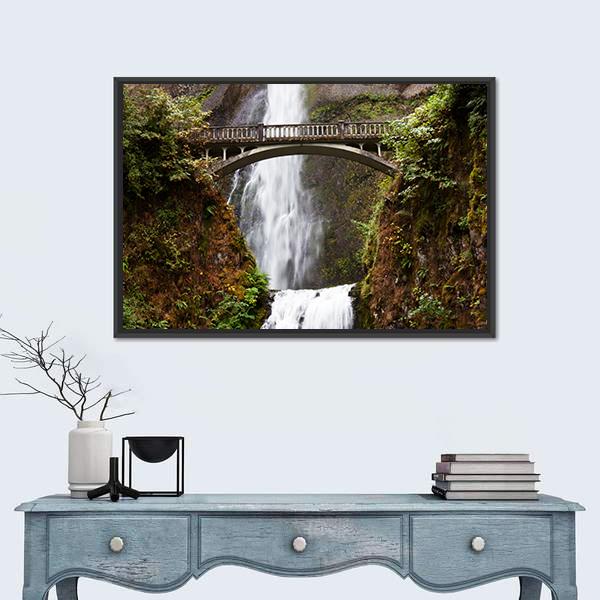 Multnomah Falls Waterfall and Stone Bridge Canvas Wall Art in white, brown and green, framed canvas, product view on a white background