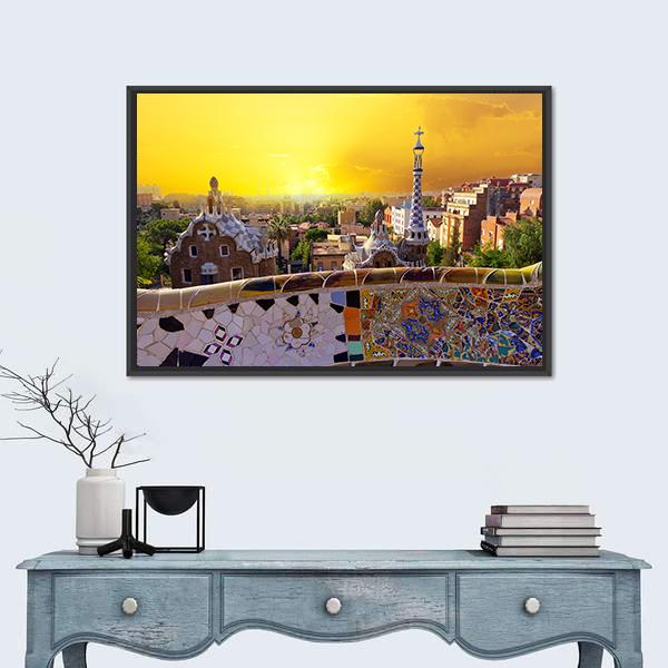 Park Güell Mosaic Bench at Sunset Canvas Wall Art in orange, yellow and multicolor, framed canvas, product view on a white background