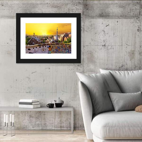 Park Güell Mosaic Bench at Sunset Canvas Wall Art in orange, yellow and multicolor, framed print, product view on a white background