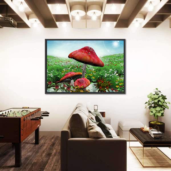 Mushrooms With Flowers Canvas Wall Art-5 Horizontal-Gallery Wrap-22" x 12"-Tiaracle