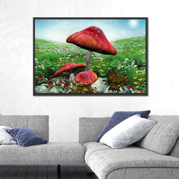Mushrooms With Flowers Canvas Wall Art-5 Horizontal-Gallery Wrap-22" x 12"-Tiaracle