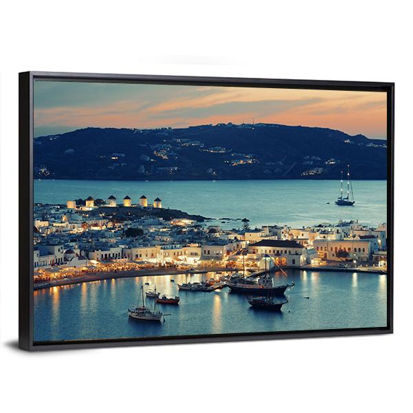 Mykonos Bay At Sunset Canvas Wall Art-1 Piece-Floating Frame-24" x 16"-Tiaracle
