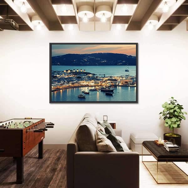 Mykonos Bay At Sunset Canvas Wall Art-1 Piece-Floating Frame-24" x 16"-Tiaracle