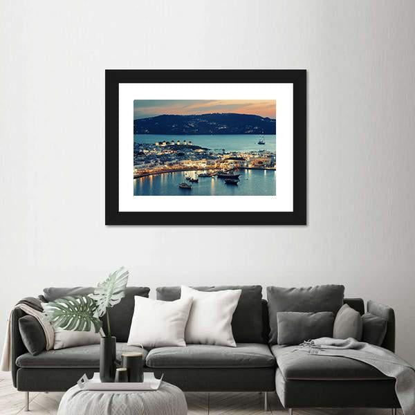 Mykonos Bay At Sunset Canvas Wall Art-1 Piece-Framed Print-20" x 16"-Tiaracle