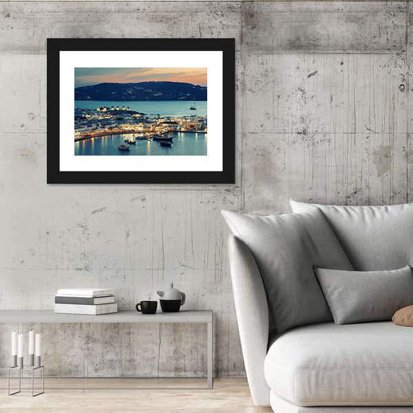 Mykonos Bay At Sunset Canvas Wall Art-3 Horizontal-Gallery Wrap-25" x 16"-Tiaracle