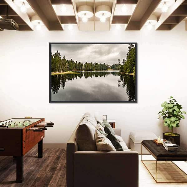 Mystery Lake with Forest Canvas Wall Art in black, gray and green, framed canvas, product view on a white background