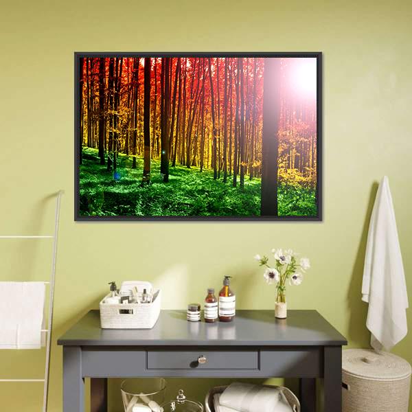 Mystical Forest With Sun Rays Canvas Wall Art-3 Horizontal-Gallery Wrap-25" x 16"-Tiaracle