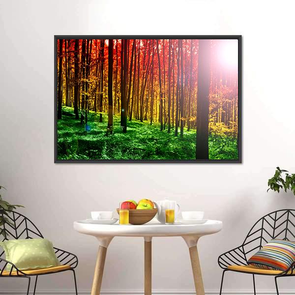 Mystical Forest With Sun Rays Canvas Wall Art-3 Horizontal-Gallery Wrap-25" x 16"-Tiaracle