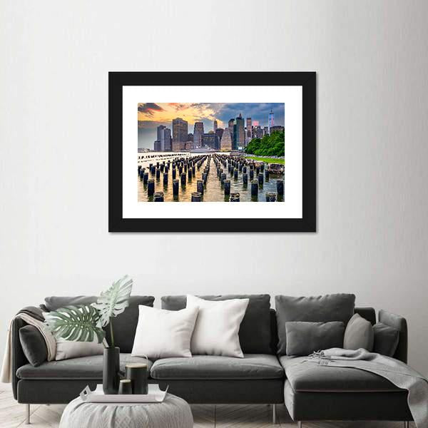 NY Skyline On East River Canvas Wall Art-5 Horizontal-Gallery Wrap-22" x 12"-Tiaracle