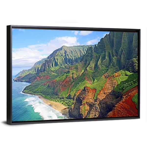 Na Pali Coast Cliffs, Hawaii Canvas Wall Art in brown, green and blue, framed canvas, product view on a white background